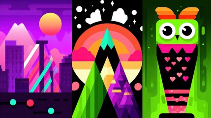 Colorful Geometric Landscape Illustration Featuring Mountains, Sun, and Stylized Owl Design