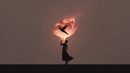 Silhouette of a Woman Holding a Flower with a Bird in a Dreamy Artistic Scene
