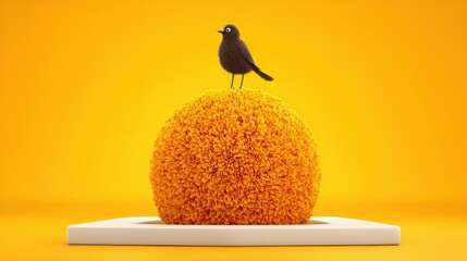 Cute cartoon bird standing on fluffy orange mound against bright yellow background