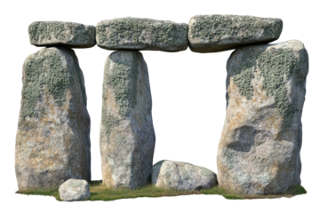 Ancient stone structure, possibly a miniature replica of a megalithic monument.  Lichen-covered stones stand on a grassy base