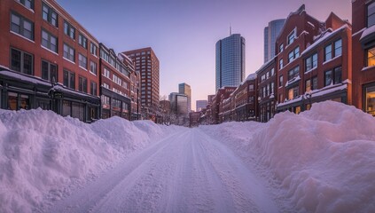 Snowy urban street at dawn.  Buildings line a snow-covered street.  Sunrise light illuminates the scene