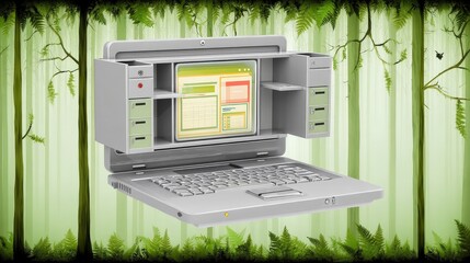 Vintage Laptop in a Lush Green Forest Setting with Open Drawers and Retro Screen Display