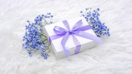 Elegant White Gift Box with Purple Ribbon Surrounded by Delicate Blue Flowers on Soft Fur Background