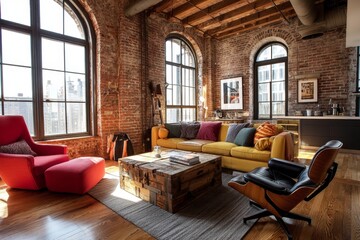 Fototapeta premium Cozy loft apartment with exposed brick walls and large windows.