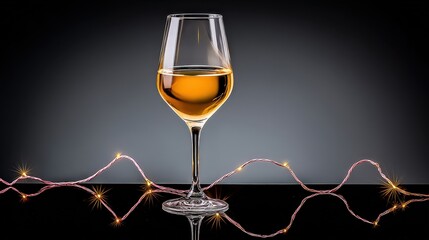 Elegant Wine Glass Filled with Golden Liquid Surrounded by Twinkling Holiday Lights