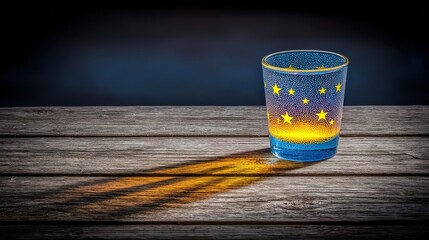 Colorful glass with stars creating intriguing shadow on wooden table in dimly lit environment
