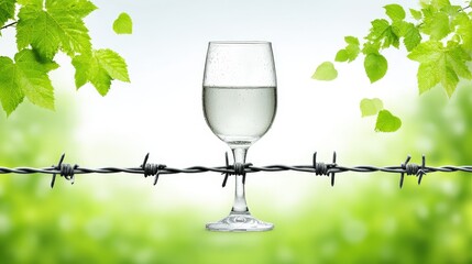 Glass of Water on Barbed Wire with Green Leaves in Nature Background and Bright Sky Atmosphere