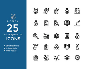 Biotech Line Icons – Genetics, DNA, Laboratory, Molecules, Plant Science, Research & Innovation – Editable Vector Set