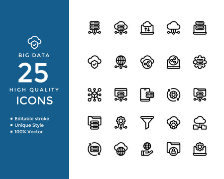 Big Data and Cloud Computing Icons – Database, Server, Network, AI, Cybersecurity & Analytics – Editable Vector Set