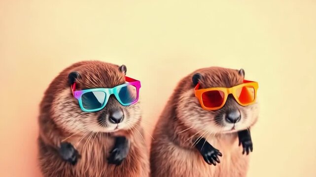 Funny dancing beavers wearing colorful sunglasses on pastel background