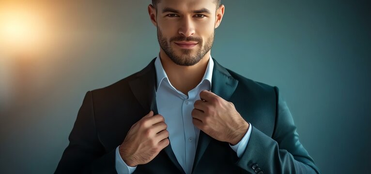 A confident businessman adjusts his suit jacket, exuding professionalism and charm, ready for success in any environment.