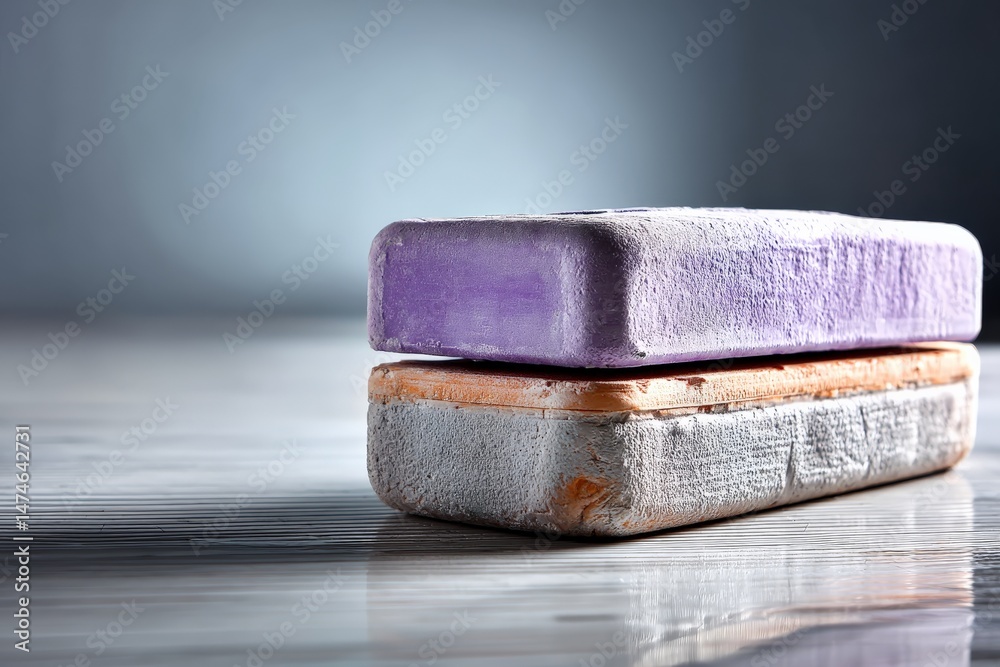 Poster colorful erasers resting on a wooden table in soft light, highlighting their textures and colors in 