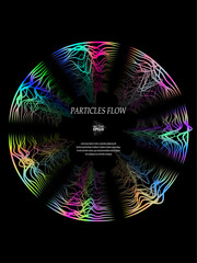 Colored sound waves from particles on a black background. Contrast emphasizes the difference in structure. Abstract style, sound design, data visualization.