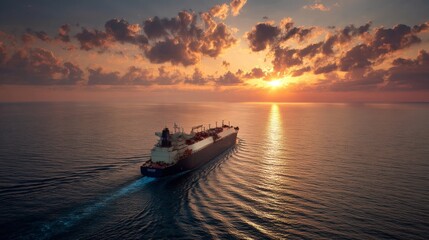 A big LNG tanker ship travelling over the calm ocean during sunset