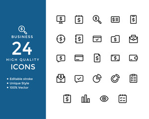 Business Process Line Icons Set – Hiring, Coaching, Money Management, Task Planning, Protection, Cooperation, Success, Inspection and More | Editable Stroke Vector Pack