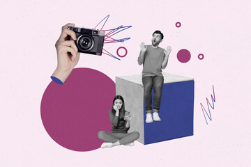Exclusive magazine picture sketch collage image of happy girl guy pose retro camera hand cadre...