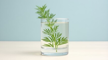 Fresh Green Herb in Clear Glass of Water on Soft Blue Background Ideal for Culinary Presentation