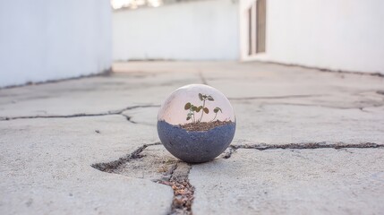 Seedling Growing From Abstract Egg Shape on Cracked Concrete Outdoor Surface in Natural Light