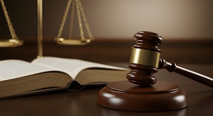 A symbolic photograph featuring a wooden judge's gavel resting on its block, with the golden scales of justice and an open law book in the background