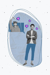 Vertical image poster art collage of two happy girl guy couple bonding date heart bubble...