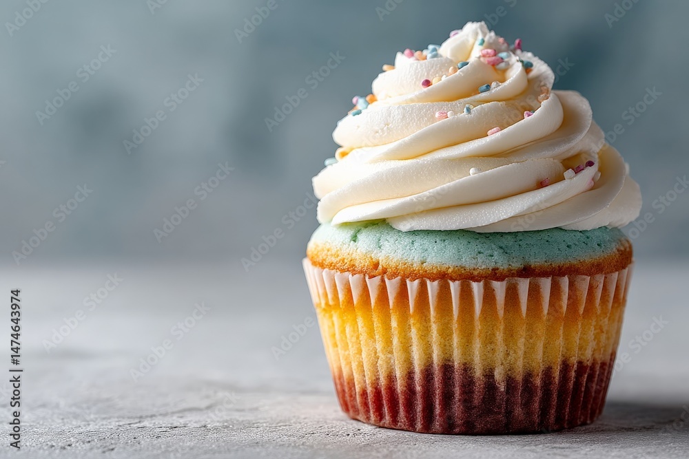 Aufkleber colorful layered cupcake with frosting and sprinkles on a textured surface in soft lighting