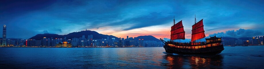 Fototapeta premium Traditional Junk Boat Sailing in Victoria Harbour Skyline Dusk Hong Kong