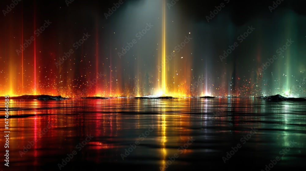 Poster panoramic background with colorful neon lights laser show ultraviolet spectrum pulse power lines 3d 