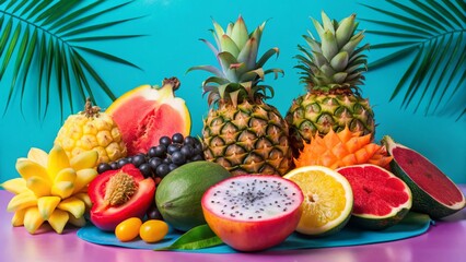 Vibrant Tropical Fruits on White Background: Mango, Pineapple, Papaya, and More