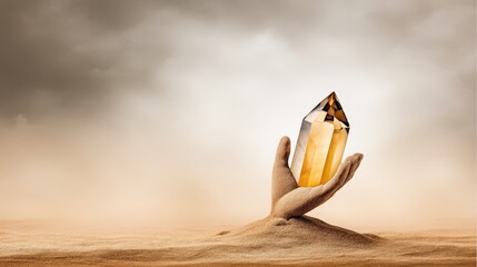 Hand Holding a Large Yellow Crystal in the Desert Landscape Against Dramatic Cloudy Sky