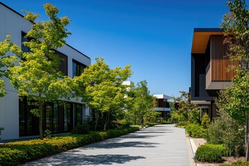 Modern residential neighborhood with wide paved pathway, lush greenery and contemporary architecture