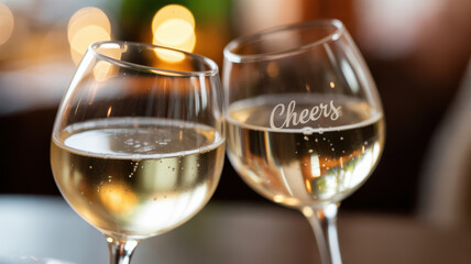 Two champagne glasses clinking in a toast, celebrating joy and connection.
