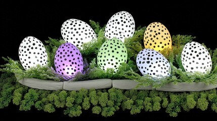 Colorful Polka Dot Easter Eggs Displayed on Greenery with Black Background for Spring Celebration