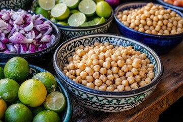 Colorful bowls of chickpeas, sliced red onions, and limes