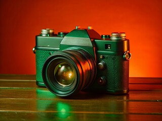 Vintage Camera on Wooden Table, Shallow Depth of Field, High Resolution Stock Photo
