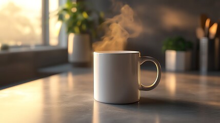 Fototapeta premium Warm morning light illuminates a steaming mug on a sleek countertop.