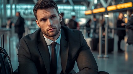 Obraz premium A focused young businessman waiting at the airport, dressed in formal attire, reflecting on his travels and upcoming meetings.