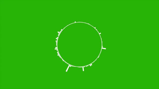 Circular interface audio voice music sound spectrum equalizer, circular loop of rhythmic audio frequency sound waves in the background, white video footage of audio visualizer on green background.