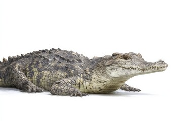 Obraz premium A young crocodile, resting on a white background.