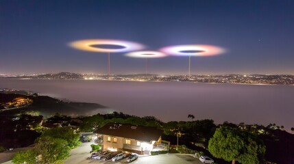 Unique Night Sky with Colorful Light Rings Above a Tranquil Landscape Under Moonlight