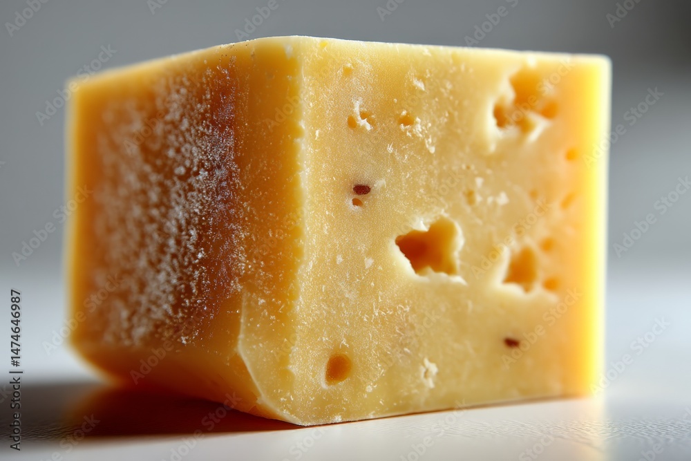 Poster block of artisanal cheese on a white surface with a smooth texture and small holes visible
