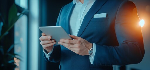 Naklejka premium A professional man in a suit holds a tablet, showcasing a modern work environment focused on technology and productivity.