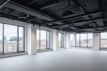 Empty office space with large windows and exposed ceiling in a building.