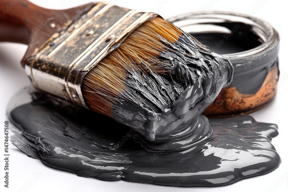 Aufkleber paintbrush covered in gray paint next to an opened can of paint on a white surface