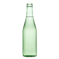 Clear liquid inside a green glass bottle, against a black background. Full view