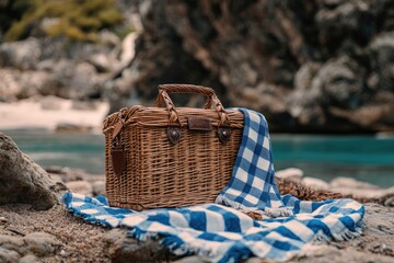 A wicker picnic basket sits on a blue and white checkered blanket near a tranquil beach