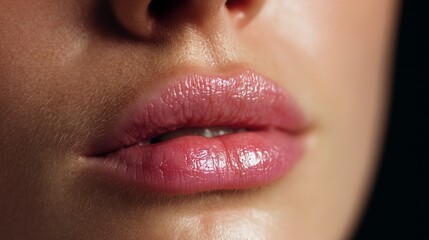 Fototapeta premium A close-up of lips with lip fillers, dark dramatic background upper and lower pastel pink part of your mouth