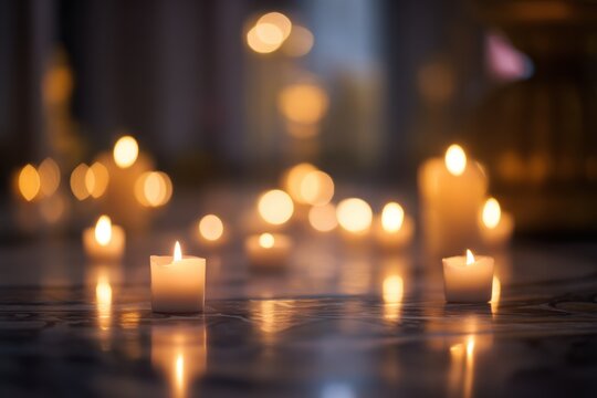 Lit candles on a reflective surface create a warm and glowing ambiance.