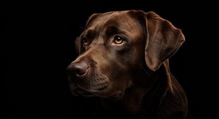 A close-up, dramatic profile view of a chocolate Labrador retriever's head and upper neck against a deep black background. 