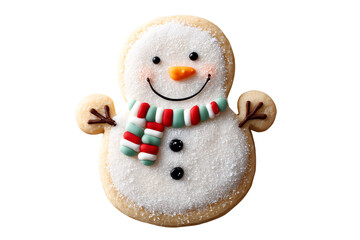 Snowman cookie with colorful scarf and smile on white isolate background.