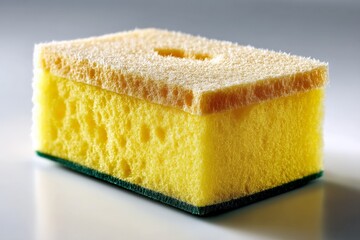Yellow kitchen sponge on a clean surface showcasing its texture and design